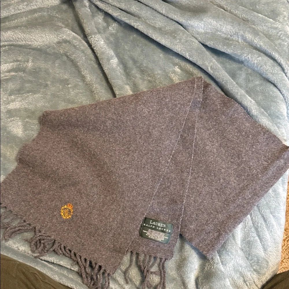 Lauren Ralph Lauren Brown Fringe Wool Blend Scarf with Gold Crest